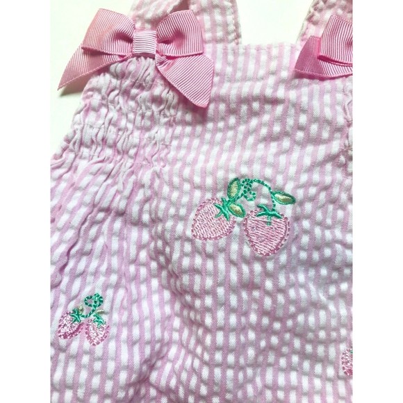 Girls Size 9M 6-9 Months 3 Piece Pink Strawberry Designed Dress, Hat + Bloomer - Picture 5 of 8